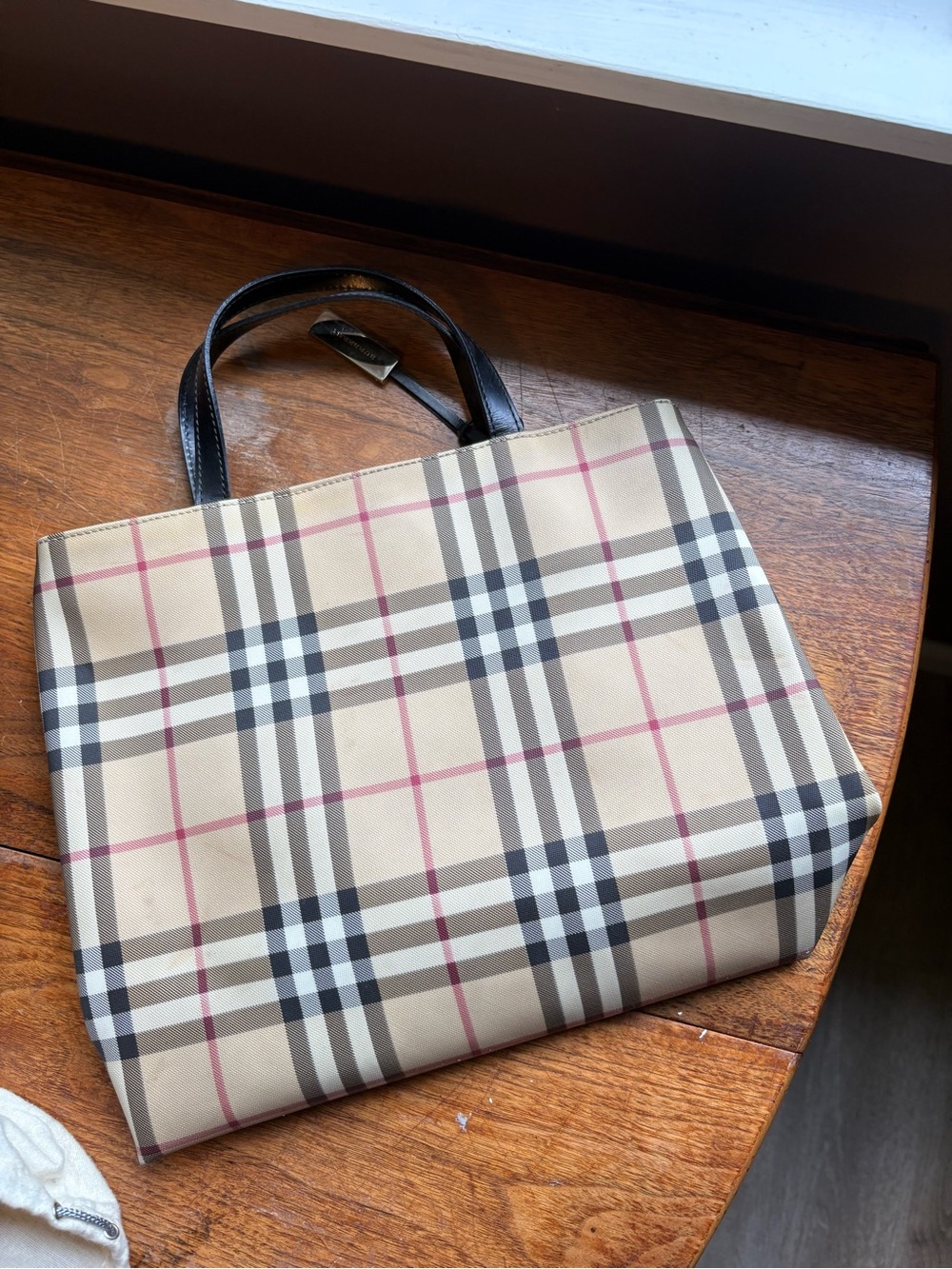 Burberry Beige Plaid Tote with Black Handles and Red Trim - Picture 2 of 2